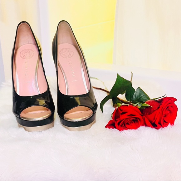 Black Versace Stilettos/High Heals with Gold Toe Trim - Picture 4 of 12